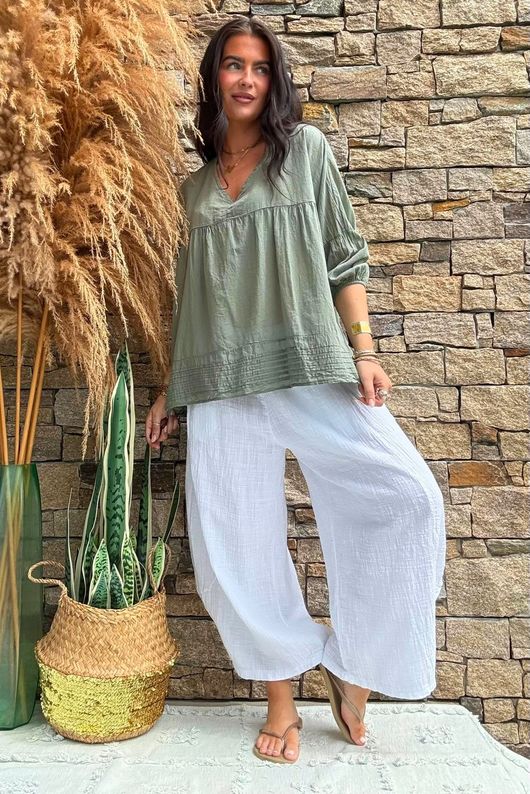 Prairie Pin Tuck Cotton Smock Khaki